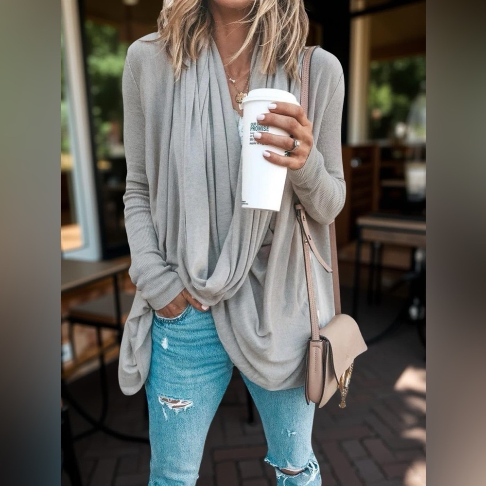 LA Made Draped Shawl Cardigan Supima Cotton | Light Gray | Size M